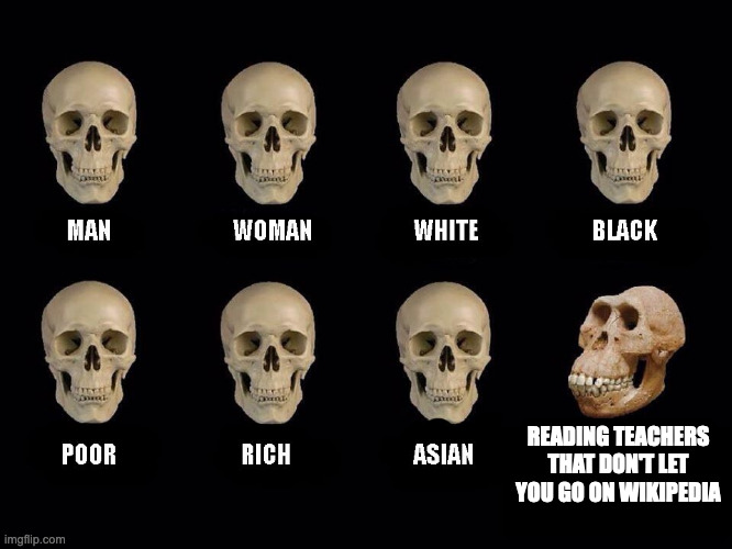 Man woman white black poor rich asian ... | READING TEACHERS THAT DON'T LET YOU GO ON WIKIPEDIA | image tagged in empty skulls of truth | made w/ Imgflip meme maker