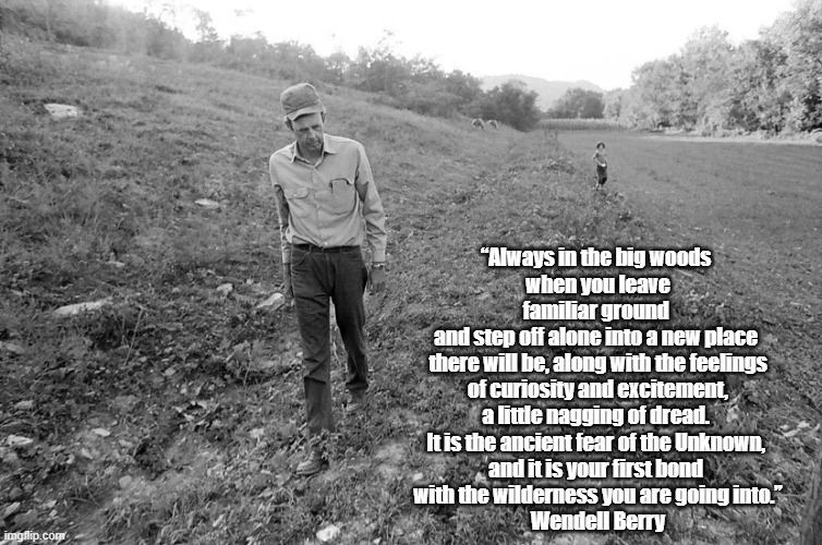Wendell Berry On The Unknown Wilderness | “Always in the big woods 
when you leave familiar ground 
and step off alone into a new place 
there will be, along with the feelings of curiosity and excitement, a little nagging of dread. 
It is the ancient fear of the Unknown, 
and it is your first bond 
with the wilderness you are going into.”
Wendell Berry | image tagged in wilderness,the unknown,leaving familiar ground,comfort zone,wendell berry | made w/ Imgflip meme maker