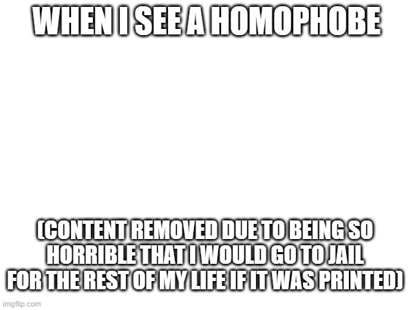 WHEN I SEE A HOMOPHOBE; (CONTENT REMOVED DUE TO BEING SO HORRIBLE THAT I WOULD GO TO JAIL FOR THE REST OF MY LIFE IF IT WAS PRINTED) | made w/ Imgflip meme maker