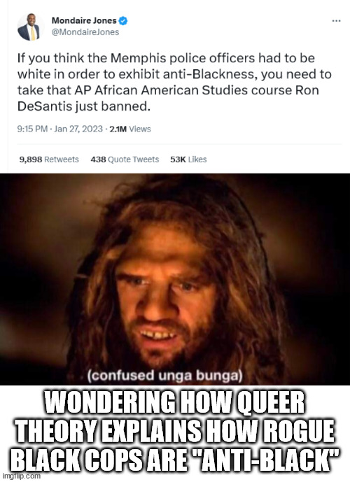 WONDERING HOW QUEER THEORY EXPLAINS HOW ROGUE BLACK COPS ARE "ANTI-BLACK" | image tagged in confused unga bunga | made w/ Imgflip meme maker