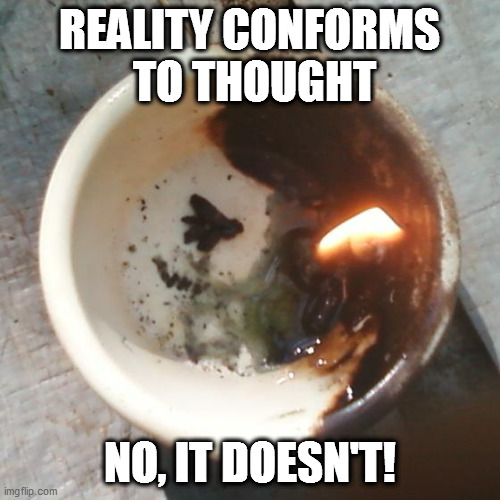 Reality | REALITY CONFORMS  TO THOUGHT; NO, IT DOESN'T! | image tagged in balance | made w/ Imgflip meme maker