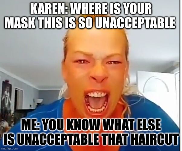 Karen | KAREN: WHERE IS YOUR MASK THIS IS SO UNACCEPTABLE; ME: YOU KNOW WHAT ELSE IS UNACCEPTABLE THAT HAIRCUT | image tagged in karen | made w/ Imgflip meme maker