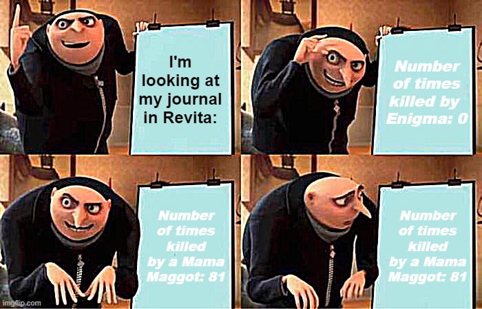 Gru's Plan Meme | I'm looking at my journal in Revita:; Number of times killed by 
Enigma: 0; Number of times killed by a Mama Maggot: 81; Number of times killed by a Mama Maggot: 81 | image tagged in memes,gru's plan,revita,video games | made w/ Imgflip meme maker