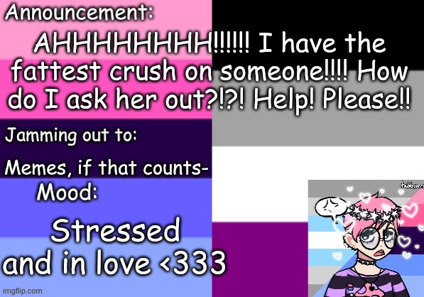 ACK!!! | AHHHHHHHH!!!!!! I have the fattest crush on someone!!!! How do I ask her out?!?! Help! Please!! Memes, if that counts-; Stressed and in love <333 | image tagged in trans_boy-ish's announcement template | made w/ Imgflip meme maker