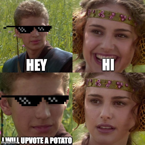 all potatoes need upvotes | HEY; HI; I WILL UPVOTE A POTATO | image tagged in anakin padme 4 panel | made w/ Imgflip meme maker