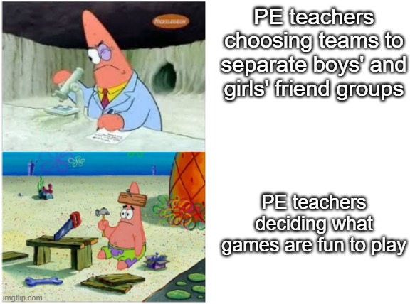 :sob: | PE teachers choosing teams to separate boys' and girls' friend groups; PE teachers deciding what games are fun to play | image tagged in patrick smart dumb | made w/ Imgflip meme maker