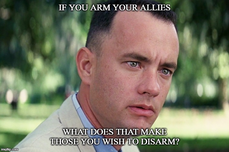 And Just Like That | IF YOU ARM YOUR ALLIES; WHAT DOES THAT MAKE THOSE YOU WISH TO DISARM? | image tagged in memes,and just like that | made w/ Imgflip meme maker