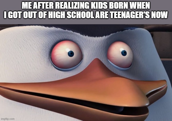 help me | ME AFTER REALIZING KIDS BORN WHEN I GOT OUT OF HIGH SCHOOL ARE TEENAGER'S NOW | image tagged in penguins of madagascar skipper red eyes,getting old | made w/ Imgflip meme maker