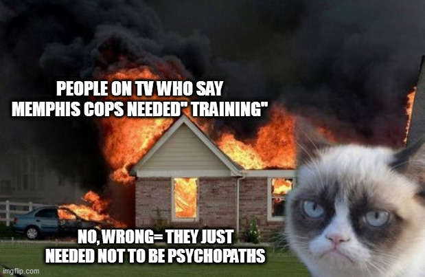 Burn Kitty | PEOPLE ON TV WHO SAY MEMPHIS COPS NEEDED" TRAINING"; NO, WRONG= THEY JUST NEEDED NOT TO BE PSYCHOPATHS | image tagged in memes,burn kitty,grumpy cat | made w/ Imgflip meme maker