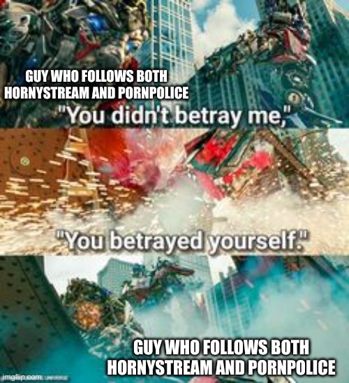 you betrayed yourself | GUY WHO FOLLOWS BOTH HORNYSTREAM AND PORNPOLICE; GUY WHO FOLLOWS BOTH HORNYSTREAM AND PORNPOLICE | image tagged in you betrayed yourself | made w/ Imgflip meme maker