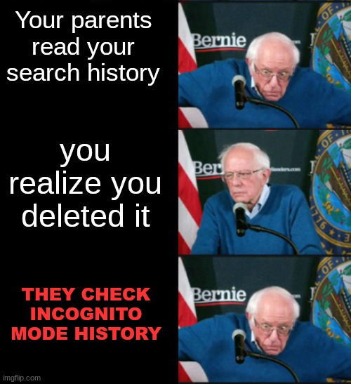 idk | Your parents read your search history; you realize you deleted it; THEY CHECK INCOGNITO MODE HISTORY | image tagged in bernie sanders panik kalm panik | made w/ Imgflip meme maker