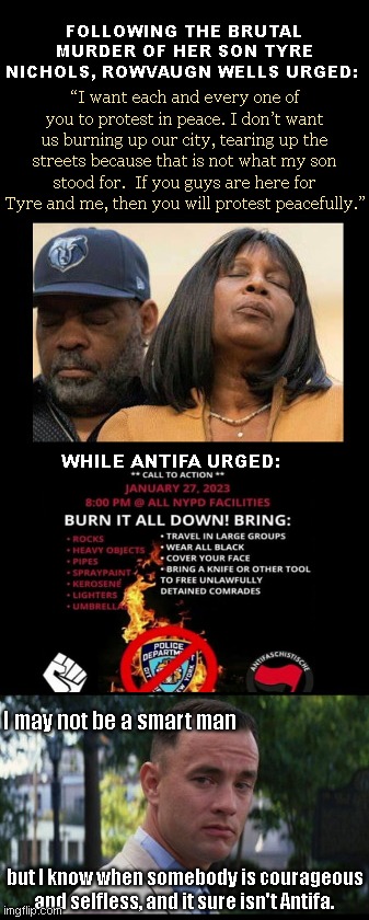 A grieving mother vs Antifa thuggery |  FOLLOWING THE BRUTAL MURDER OF HER SON TYRE NICHOLS, ROWVAUGN WELLS URGED:; “I want each and every one of you to protest in peace. I don’t want us burning up our city, tearing up the streets because that is not what my son stood for.  If you guys are here for Tyre and me, then you will protest peacefully.”; WHILE ANTIFA URGED:; I may not be a smart man; but I know when somebody is courageous and selfless, and it sure isn't Antifa. | image tagged in tyre nichols,rowvaugn wells,antifa,leftists,anarchy,forrest gump | made w/ Imgflip meme maker