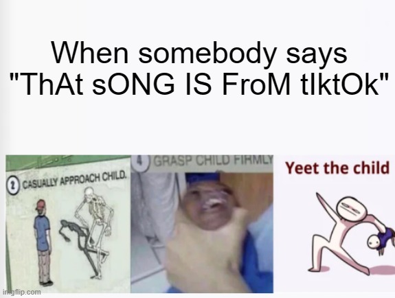 Casually Approach Child, Grasp Child Firmly, Yeet the Child | When somebody says "ThAt sONG IS FroM tIktOk" | image tagged in casually approach child grasp child firmly yeet the child | made w/ Imgflip meme maker