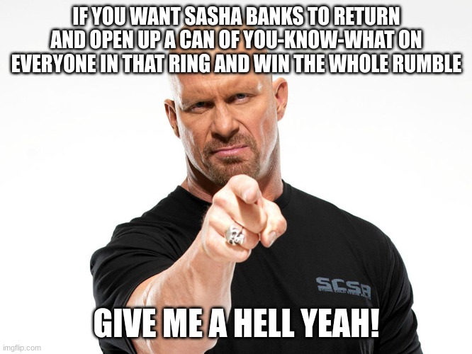 Steve Austin | IF YOU WANT SASHA BANKS TO RETURN AND OPEN UP A CAN OF YOU-KNOW-WHAT ON EVERYONE IN THAT RING AND WIN THE WHOLE RUMBLE GIVE ME A HELL YEAH! | image tagged in steve austin | made w/ Imgflip meme maker