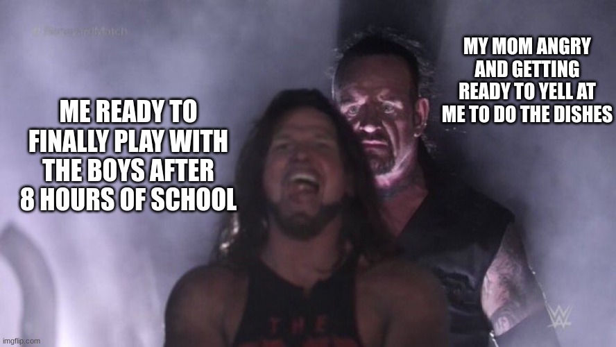 AJ Styles & Undertaker | MY MOM ANGRY AND GETTING READY TO YELL AT ME TO DO THE DISHES; ME READY TO FINALLY PLAY WITH THE BOYS AFTER 8 HOURS OF SCHOOL | image tagged in aj styles undertaker | made w/ Imgflip meme maker