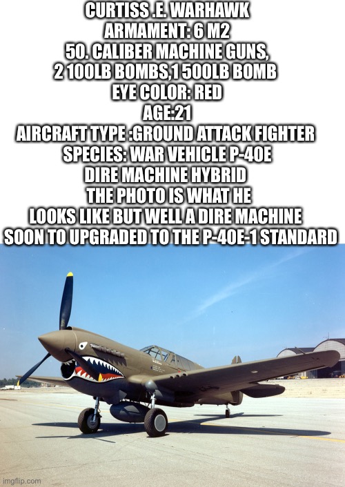 CURTISS .E. WARHAWK
ARMAMENT: 6 M2 50. CALIBER MACHINE GUNS, 2 100LB BOMBS,1 500LB BOMB 
EYE COLOR: RED
AGE:21
AIRCRAFT TYPE :GROUND ATTACK FIGHTER 
SPECIES: WAR VEHICLE P-40E DIRE MACHINE HYBRID 
 THE PHOTO IS WHAT HE LOOKS LIKE BUT WELL A DIRE MACHINE; SOON TO UPGRADED TO THE P-40E-1 STANDARD | image tagged in p-40e,warhawk,warbird | made w/ Imgflip meme maker