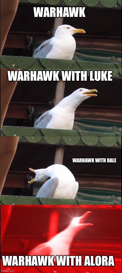 Inhaling Seagull Meme | WARHAWK; WARHAWK WITH LUKE; WARHAWK WITH DALE; WARHAWK WITH ALORA | image tagged in memes,inhaling seagull,p-40e,warhawk,funny memes | made w/ Imgflip meme maker