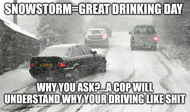 Snowstorm | SNOWSTORM=GREAT DRINKING DAY; WHY YOU ASK?...A COP WILL UNDERSTAND WHY YOUR DRIVING LIKE SHIT | image tagged in snow,bars,drunk,cops,funny | made w/ Imgflip meme maker