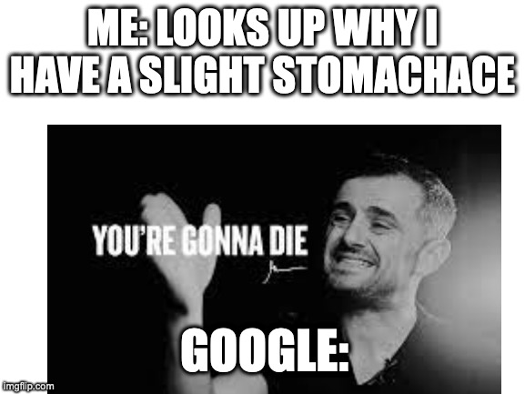 google in a nutshell | ME: LOOKS UP WHY I HAVE A SLIGHT STOMACHACE; GOOGLE: | image tagged in die | made w/ Imgflip meme maker