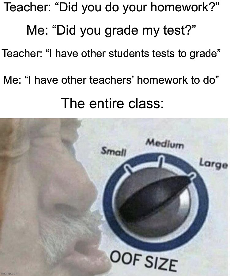 Rip the teacher tho |  Teacher: “Did you do your homework?”; Me: “Did you grade my test?”; Teacher: “I have other students tests to grade”; Me: “I have other teachers’ homework to do”; The entire class: | image tagged in oof size large,memes,funny,roasts,school,damn | made w/ Imgflip meme maker