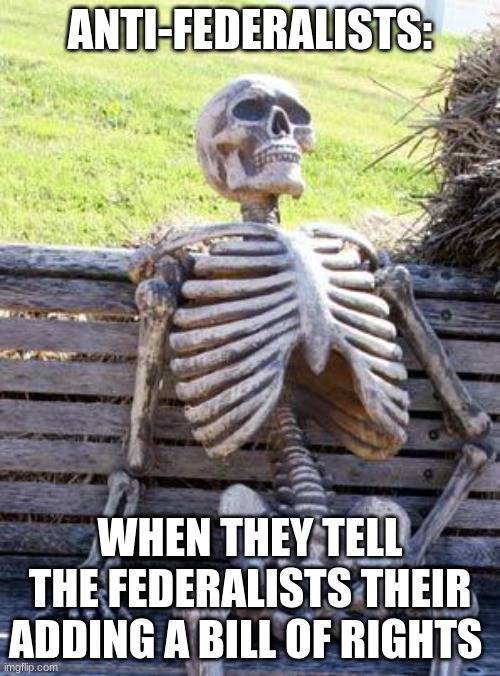 federalists vs anti-federalists | ANTI-FEDERALISTS:; WHEN THEY TELL THE FEDERALISTS THEIR ADDING A BILL OF RIGHTS | image tagged in memes,waiting skeleton | made w/ Imgflip meme maker