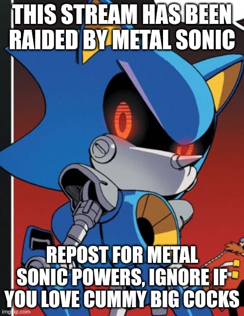 Your stream has been raided (mod note: aight bet. If you wanna raid, go ahead, stream is dead already) | THIS STREAM HAS BEEN RAIDED BY METAL SONIC; REPOST FOR METAL SONIC POWERS, IGNORE IF YOU LOVE CUMMY BIG COCKS | image tagged in metal sonic | made w/ Imgflip meme maker
