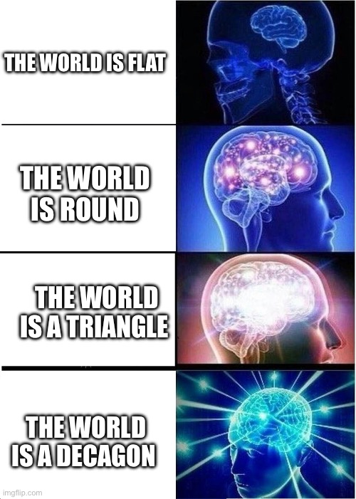 The World is: | THE WORLD IS FLAT; THE WORLD IS ROUND; THE WORLD IS A TRIANGLE; THE WORLD IS A DECAGON | image tagged in memes,expanding brain | made w/ Imgflip meme maker