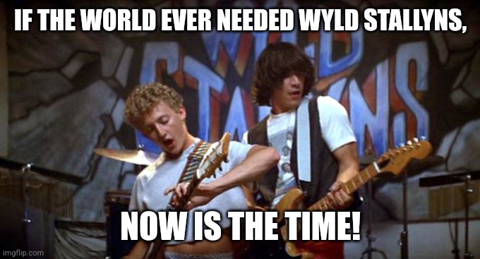 wyld stallyns | IF THE WORLD EVER NEEDED WYLD STALLYNS, NOW IS THE TIME! | image tagged in wyld stallyns | made w/ Imgflip meme maker