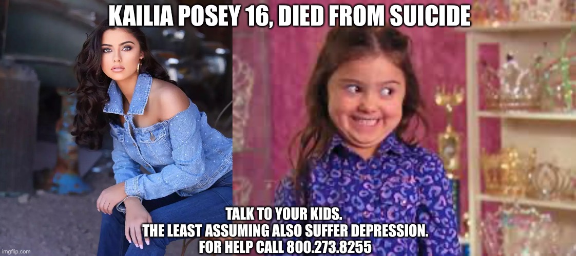 She is more than a meme | KAILIA POSEY 16, DIED FROM SUICIDE; TALK TO YOUR KIDS. 
THE LEAST ASSUMING ALSO SUFFER DEPRESSION.
FOR HELP CALL 800.273.8255 | image tagged in suicide,depression sadness hurt pain anxiety,depression,suicide prevention,suicide hotline | made w/ Imgflip meme maker