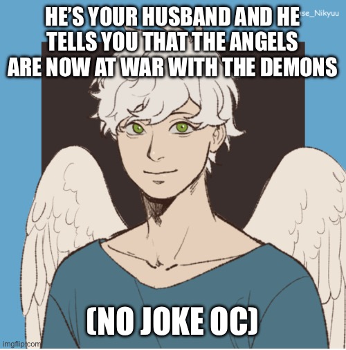 HE’S YOUR HUSBAND AND HE TELLS YOU THAT THE ANGELS ARE NOW AT WAR WITH THE DEMONS; (NO JOKE OC) | made w/ Imgflip meme maker