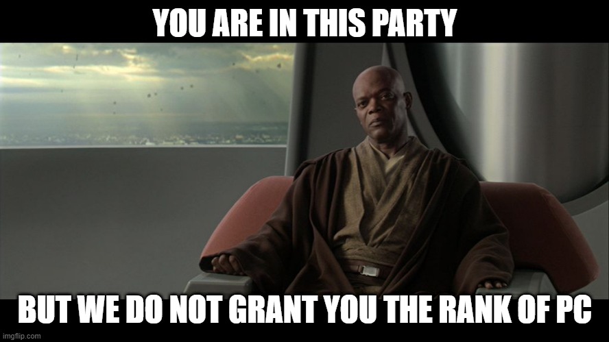When the DM forces an NPC to join your part but the group keeps ignoring them | YOU ARE IN THIS PARTY; BUT WE DO NOT GRANT YOU THE RANK OF PC | image tagged in you are on this council but we do not grant you the rank of mast,dandd | made w/ Imgflip meme maker