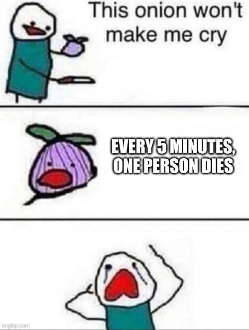 For some reason, I'm not saddened by this. | EVERY 5 MINUTES, ONE PERSON DIES | image tagged in this onion wont make me cry | made w/ Imgflip meme maker