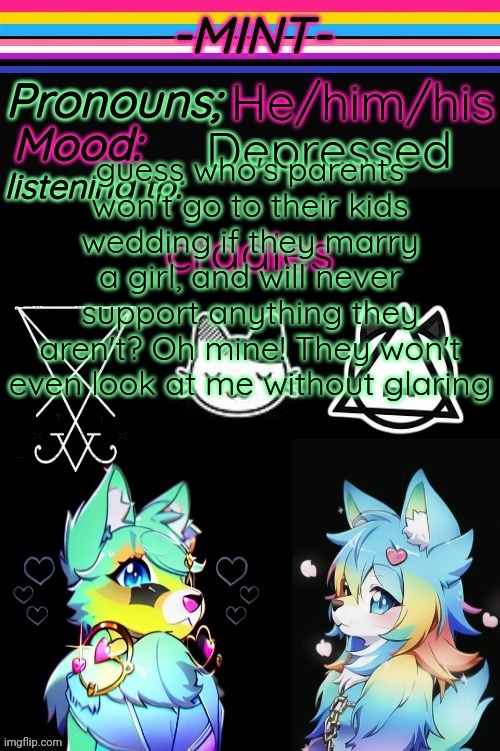 -MINT- | guess who's parents won't go to their kids wedding if they marry a girl, and will never support anything they aren't? Oh mine! They won't even look at me without glaring; He/him/his; Depressed; cradles | image tagged in -mint- | made w/ Imgflip meme maker