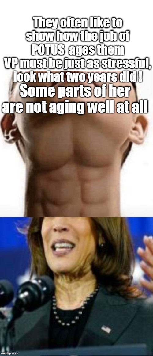 Cumala must be skipping "Neck Day" lately | They often like to show how the job of POTUS  ages them
VP must be just as stressful, look what two years did ! | image tagged in and reportedly she was on her knees to get that job | made w/ Imgflip meme maker