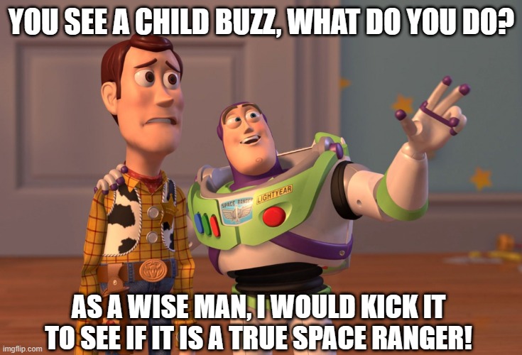 yet another JOKE meme. | YOU SEE A CHILD BUZZ, WHAT DO YOU DO? AS A WISE MAN, I WOULD KICK IT TO SEE IF IT IS A TRUE SPACE RANGER! | image tagged in memes,x x everywhere | made w/ Imgflip meme maker
