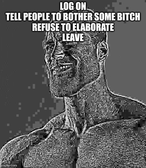 bye | LOG ON
TELL PEOPLE TO BOTHER SOME BITCH
REFUSE TO ELABORATE
LEAVE | image tagged in giga chad | made w/ Imgflip meme maker