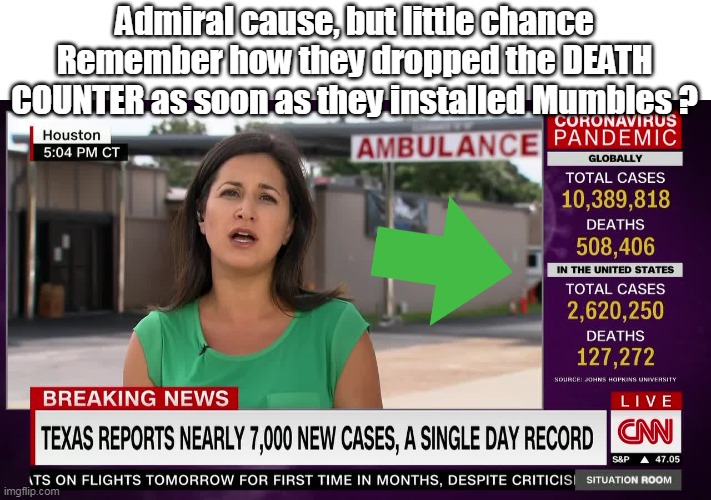 Admiral cause, but little chance
Remember how they dropped the DEATH COUNTER as soon as they installed Mumbles ? | made w/ Imgflip meme maker