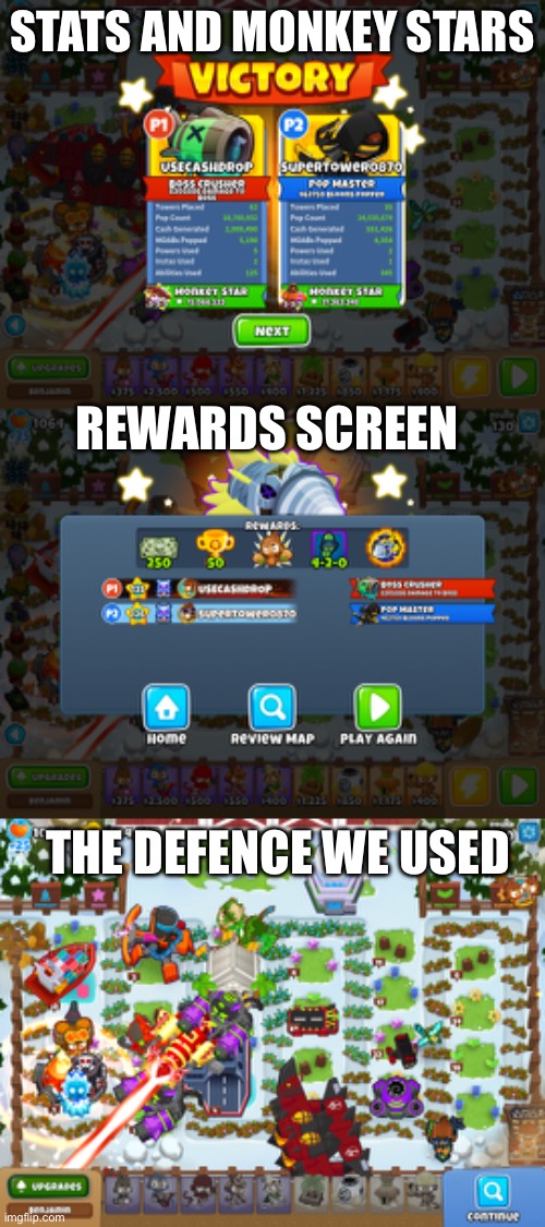 STATS AND MONKEY STARS; REWARDS SCREEN; THE DEFENCE WE USED | made w/ Imgflip meme maker