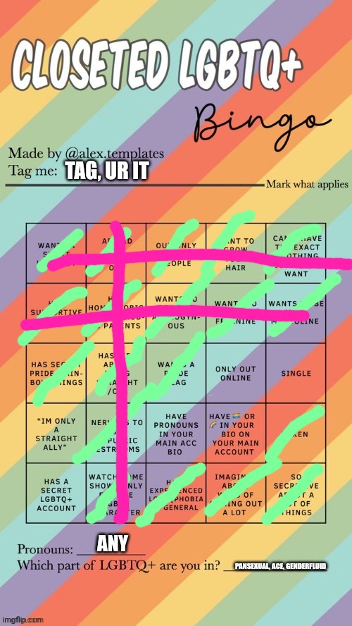 Closeted LGBTQ+ Bingo | TAG, UR IT; ANY; PANSEXUAL, ACE, GENDERFLUID | image tagged in closeted lgbtq bingo | made w/ Imgflip meme maker