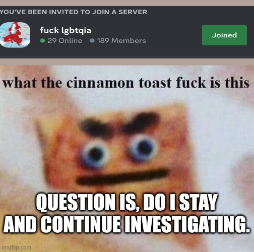 Hm. | QUESTION IS, DO I STAY AND CONTINUE INVESTIGATING. | image tagged in what the cinnamon toast f is this | made w/ Imgflip meme maker