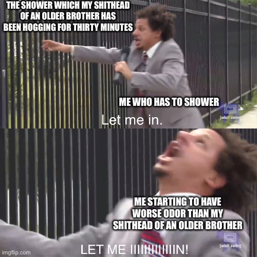 Dead | THE SHOWER WHICH MY SHITHEAD OF AN OLDER BROTHER HAS BEEN HOGGING FOR THIRTY MINUTES; ME WHO HAS TO SHOWER; ME STARTING TO HAVE WORSE ODOR THAN MY SHITHEAD OF AN OLDER BROTHER | image tagged in let me in | made w/ Imgflip meme maker