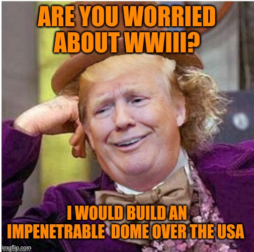 He couldn't build a 3k mile wall that some other country paid for but sure | ARE YOU WORRIED ABOUT WWIII? I WOULD BUILD AN IMPENETRABLE  DOME OVER THE USA | image tagged in wonka trump | made w/ Imgflip meme maker