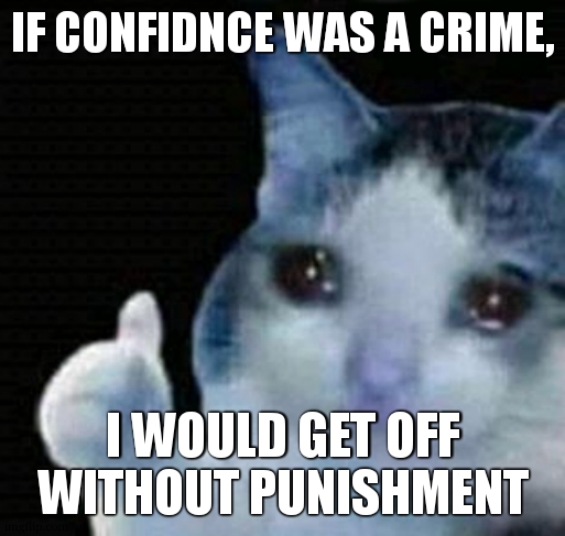sad thumbs up cat |  IF CONFIDNCE WAS A CRIME, I WOULD GET OFF WITHOUT PUNISHMENT | image tagged in sad thumbs up cat | made w/ Imgflip meme maker