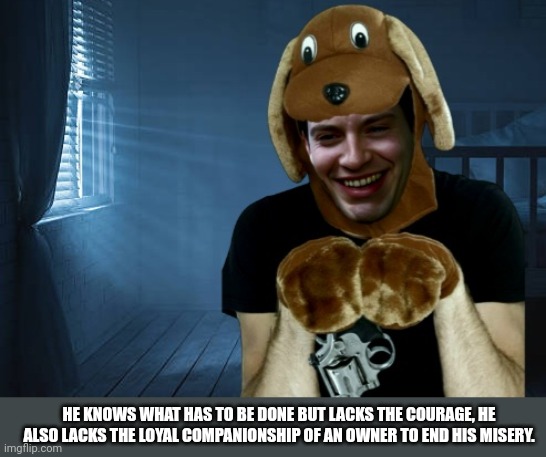 Lonely suicidal furry | HE KNOWS WHAT HAS TO BE DONE BUT LACKS THE COURAGE, HE ALSO LACKS THE LOYAL COMPANIONSHIP OF AN OWNER TO END HIS MISERY. | image tagged in suicide,lonely,furry with gun,tobey maguire | made w/ Imgflip meme maker