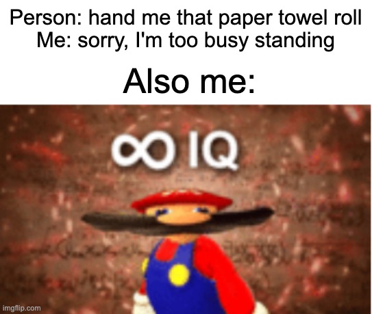 Person: *faints hearing sarcasm* |  Person: hand me that paper towel roll
Me: sorry, I'm too busy standing; Also me: | image tagged in infinite iq,paper towels,infinity iq mario,memes,why are you reading this,stop reading the tags | made w/ Imgflip meme maker