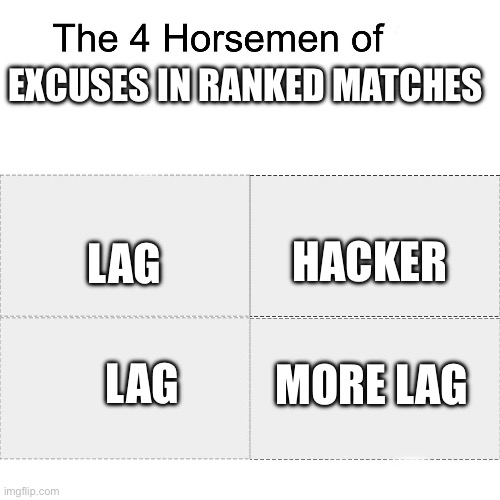 Four horsemen | EXCUSES IN RANKED MATCHES; LAG; HACKER; MORE LAG; LAG | image tagged in four horsemen | made w/ Imgflip meme maker