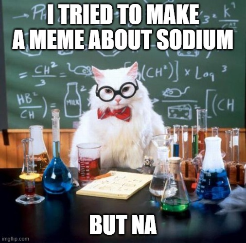 Chemistry Cat |  I TRIED TO MAKE A MEME ABOUT SODIUM; BUT NA | image tagged in memes,chemistry cat | made w/ Imgflip meme maker