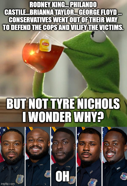 RODNEY KING... PHILANDO CASTILE...BRIANNA TAYLOR... GEORGE FLOYD ... CONSERVATIVES WENT OUT OF THEIR WAY TO DEFEND THE COPS AND VILIFY THE VICTIMS. BUT NOT TYRE NICHOLS
I WONDER WHY? OH | image tagged in memes,but that's none of my business | made w/ Imgflip meme maker