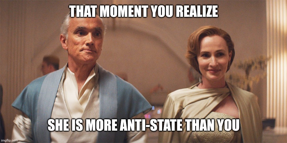 Mothma | THAT MOMENT YOU REALIZE; SHE IS MORE ANTI-STATE THAN YOU | image tagged in mothma | made w/ Imgflip meme maker