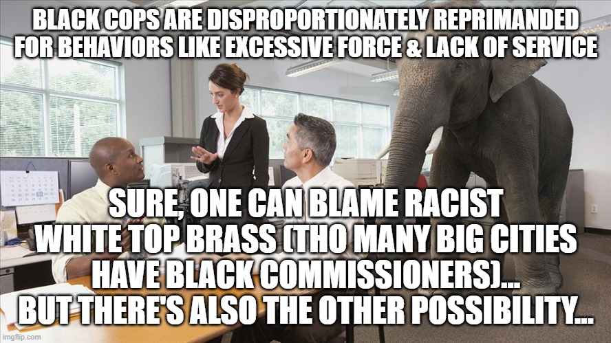 desire for black cops has run up against limited set of qualified black men | BLACK COPS ARE DISPROPORTIONATELY REPRIMANDED FOR BEHAVIORS LIKE EXCESSIVE FORCE & LACK OF SERVICE; SURE, ONE CAN BLAME RACIST WHITE TOP BRASS (THO MANY BIG CITIES HAVE BLACK COMMISSIONERS)... BUT THERE'S ALSO THE OTHER POSSIBILITY... | image tagged in elephant in the room | made w/ Imgflip meme maker